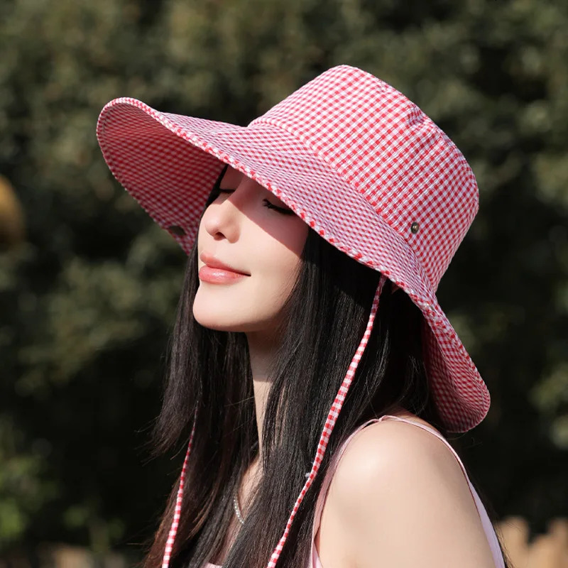 Womens bucket hat plain wide Brim sun hat with windproof rope sun hat bicycle travel fisherman hat South Korea 250430