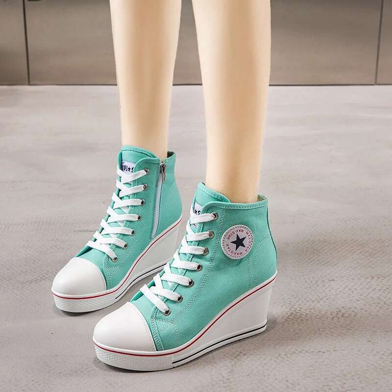 Spring and autumn new thick-sole wedge high-top lace-up canvas casual heightening large-size high-heeled women's shoes