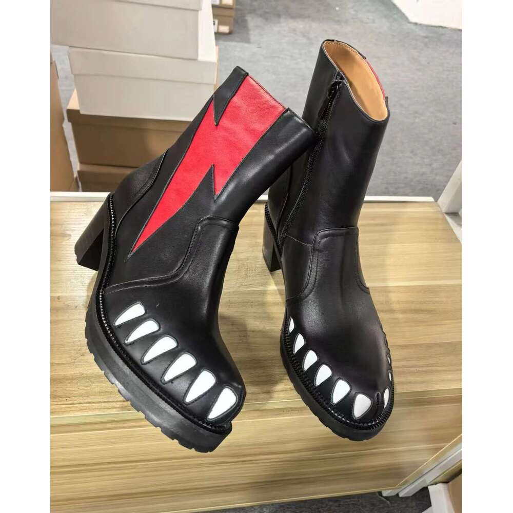 Street Style Printed Teeth Chunky Heel Men Round Ankle Boots Comfortable Casual Fashion Thick Soled Shoes