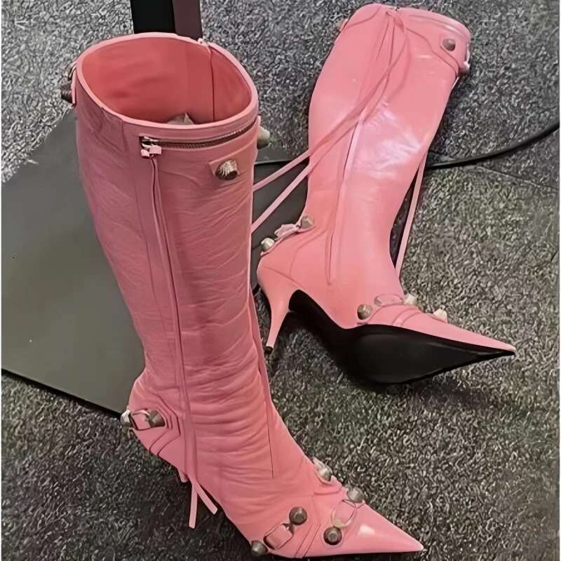 New Metal Buckle Knee Pointed Button High Heels Studded Zip up Boots Catwalk Party Punk Shoes Women