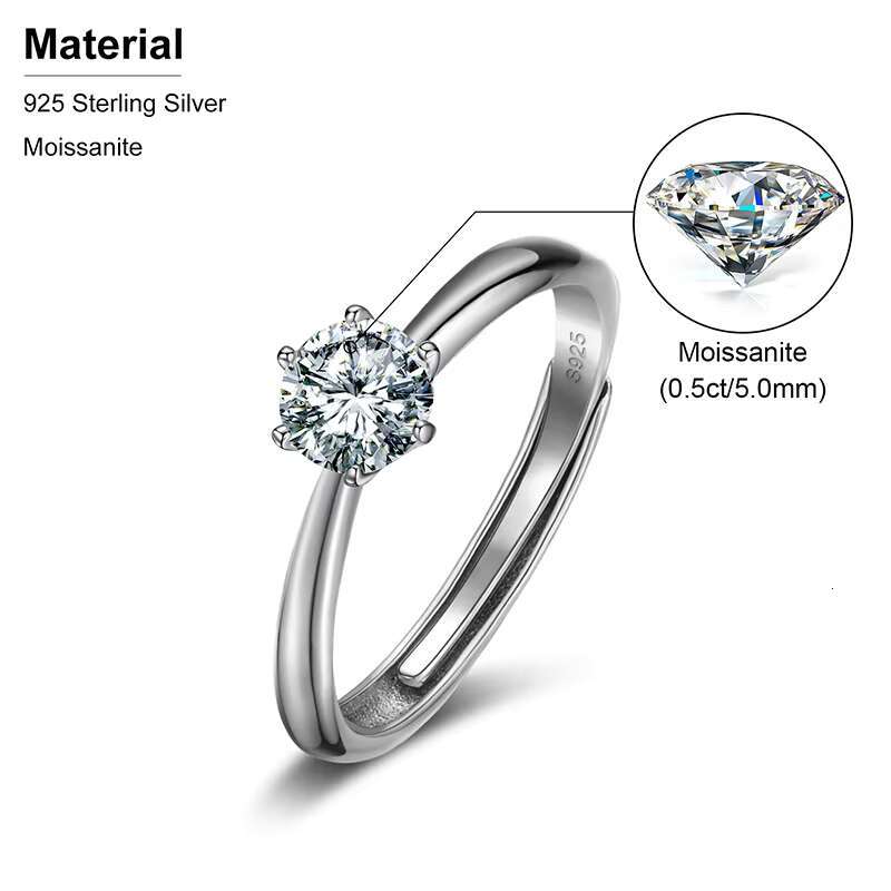 Drop Shipping Adjustable 925 Sterling Silver 5mm 0.5ct VVS Moissanite Diamond Wedding Ring