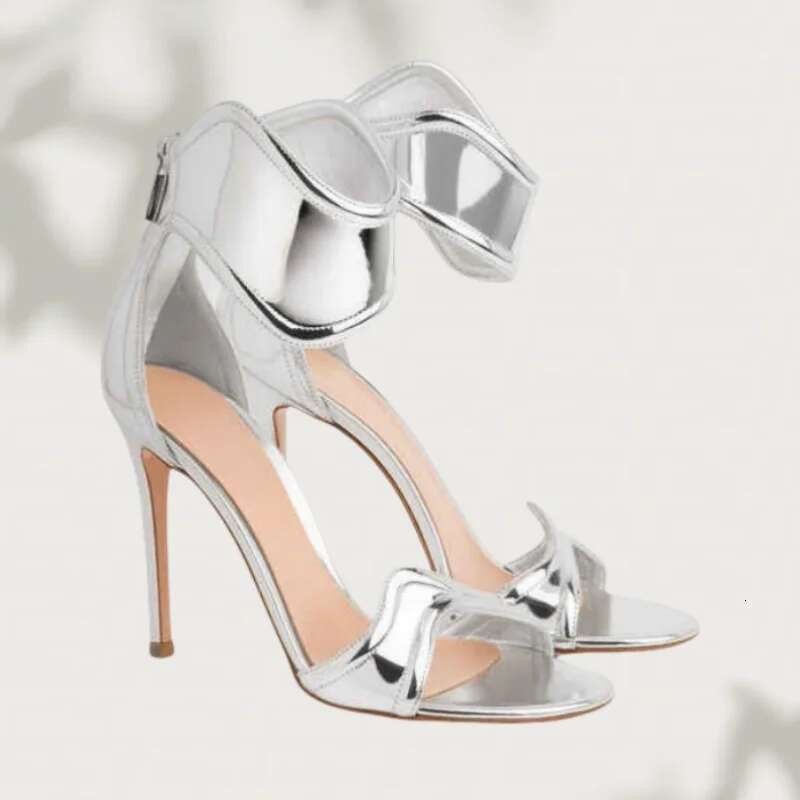 New Wave Ankle Strap Open Toe Hollow Sandals Shiny Back Zipper High Heels Fashion Show Party Women Shoes