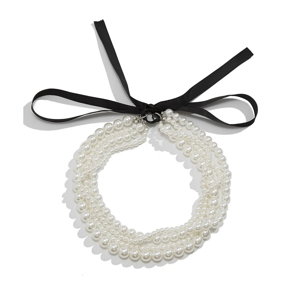 Elegant of white pearl multilayer long black ribbon necklace suitable for girls jewelry trend vacation wedding gift X0288 250415