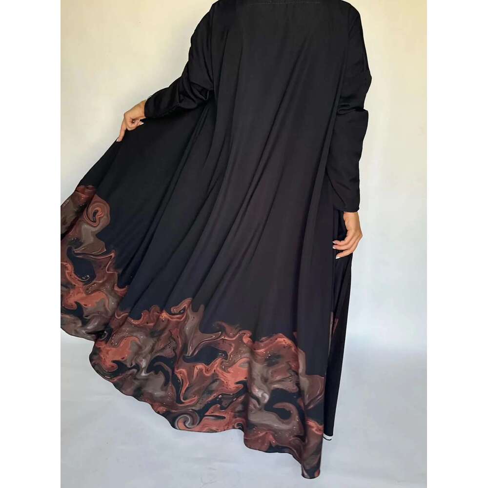 Middle Eastern Loose Open Front Abaya Muslim Full Sleeve Printed Abayas Turkey Kaftans Women Jilbabs Islamic Maxi Dresses
