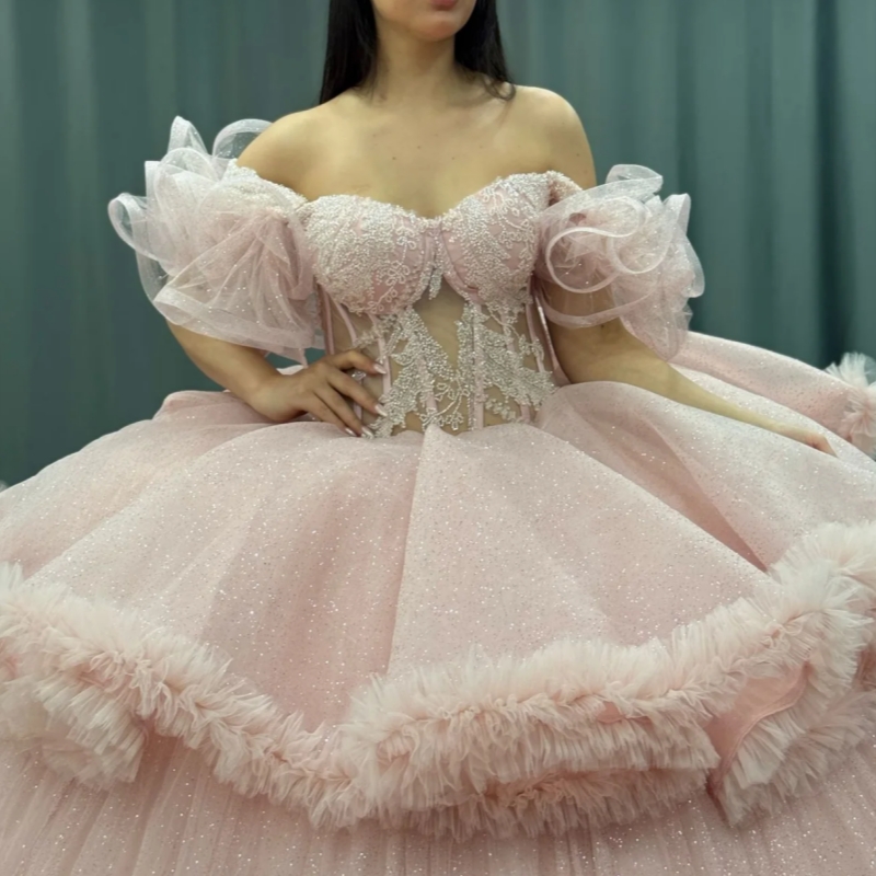 Pink Princess Quinceanera Dresses Off Shoulder Applique Beading Tiered Tull Sweet 16 Dress Ball Gown Vestidos 15 Anos