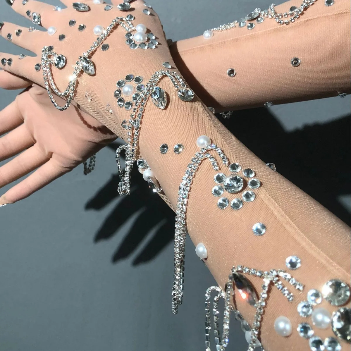 Lace Sexy Gloves Stage Dance Stage Performance Arm Sleeves Female Flash Drilling Rhinestone full Finger Gloves crystal 250420