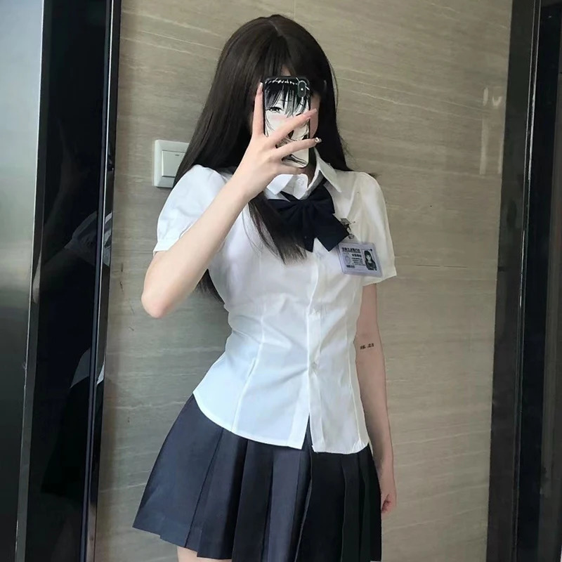 White Sweet Shirt Women Korean Fashion Preppy Style Jk Bandage Short Sleeve Shirt Ladies Summer Y2K Slim Elegant Bow Tops 250425