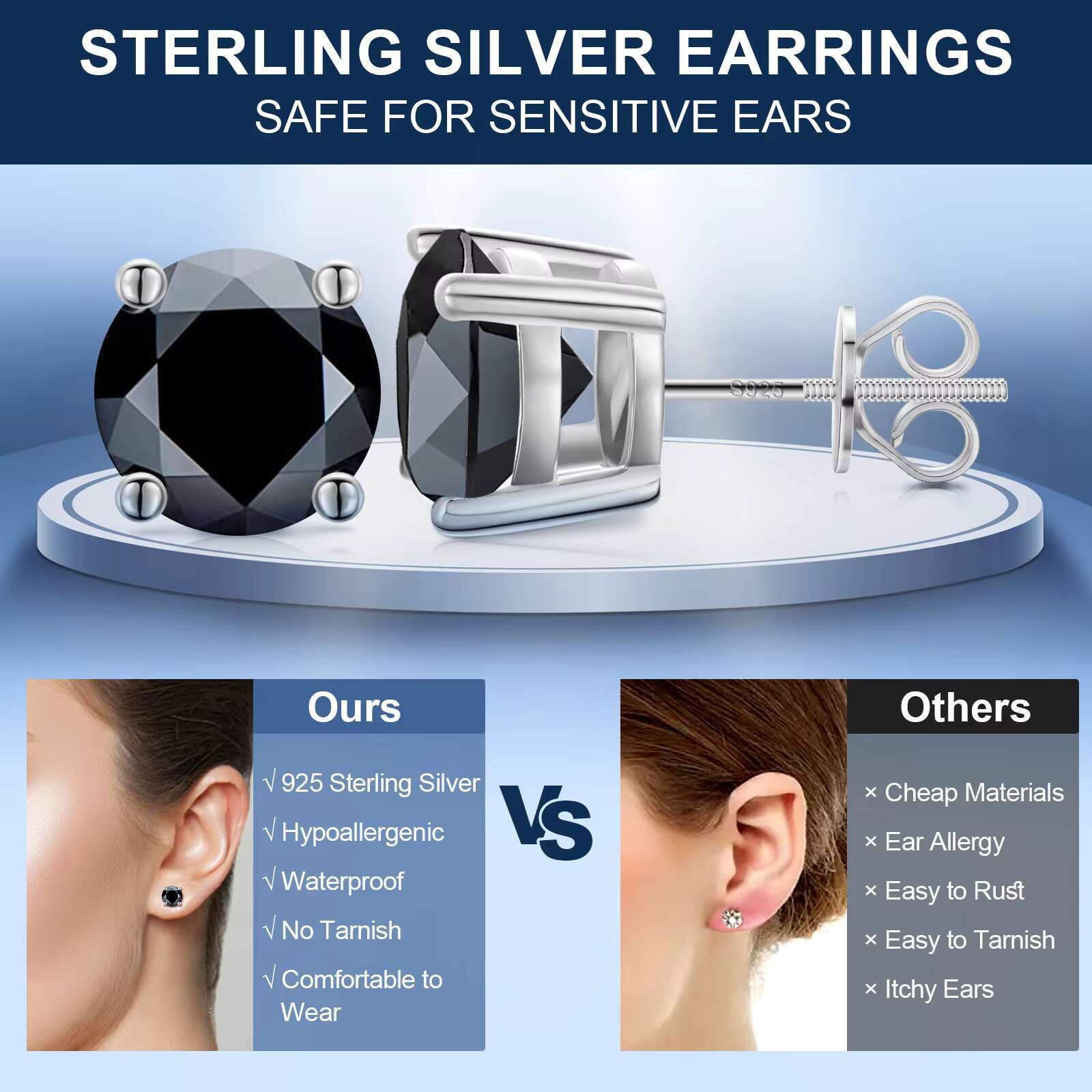 Dropshipping New Option White Gold Plated 925 Sterling Silver Lab Created Black VVS Moissanite Diamond Solitaire Stud Earrings