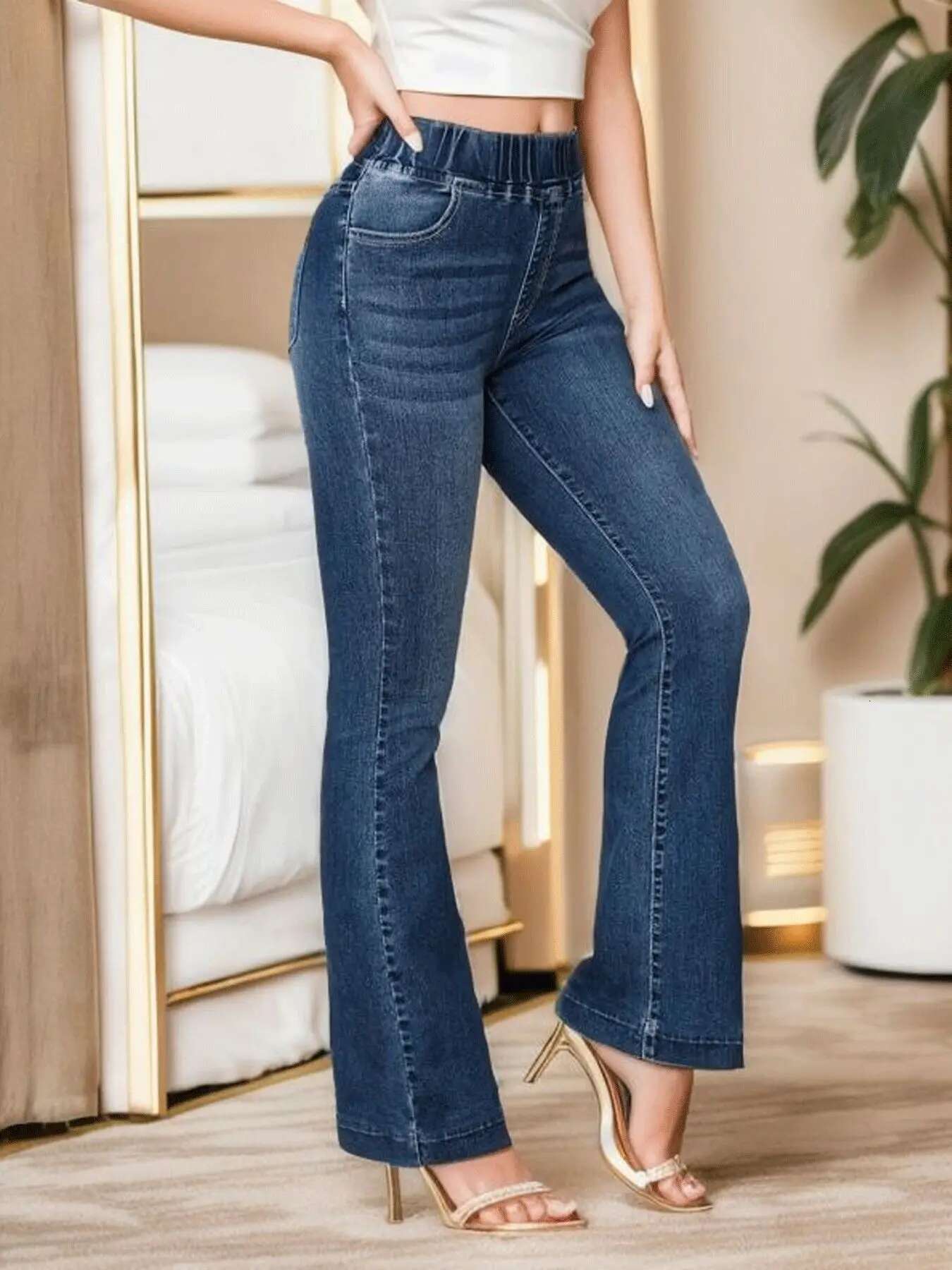 Spring fashion New Fashion High Stretch Elastic Waist Boot Cut Jeans Slim Fit Hip Lift Denim Flared Pants Casual Skinny Trousers