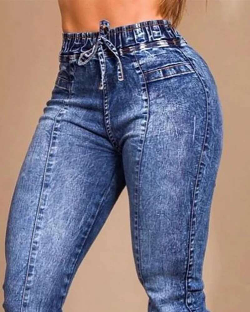 Women Jeans Elastic Waist Solid Color Pencil Pants Pockets Streetwear Casual Slim Fit High Street Flat Zipper summer Autumn