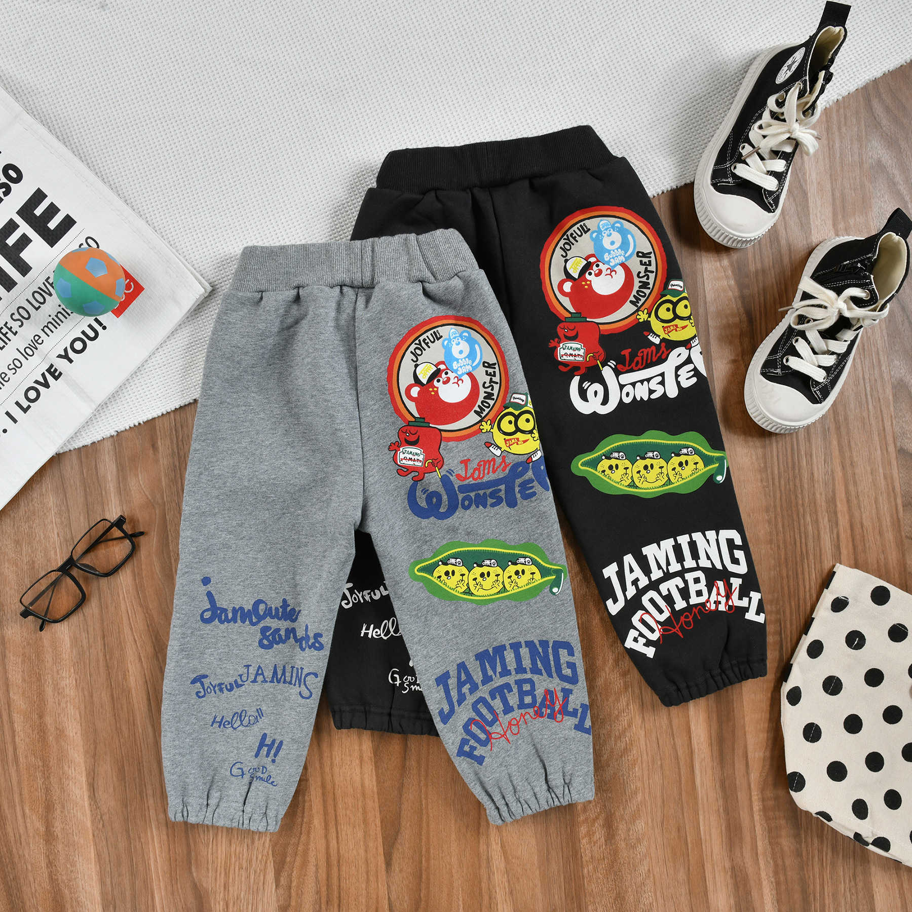 Jam Autumn and Winter Childrens Clothing with Plush Pants for Boys and Girls Trendy Embroidery Printing Washing and Plush Casual Ankle Pants Y250430L0