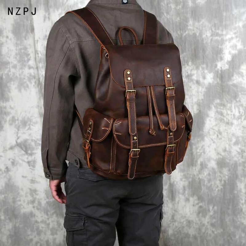 Retro Men's Top Layer Cowhide Travel Backpack Large Capacity School Crazy Horse Leather Laptop Bag NZPJ
