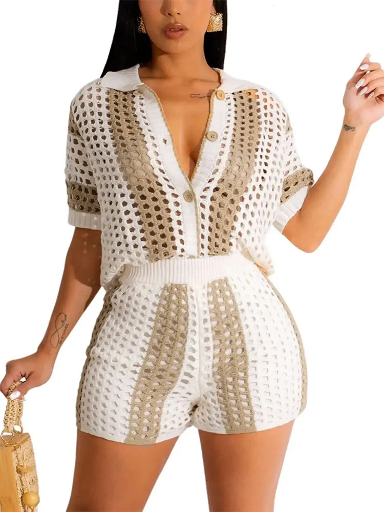 Plus Size Summer Womens Holiday Set 2-piece Crochet Button Open Woolen Sweater and Trouser Beach Cover 250427