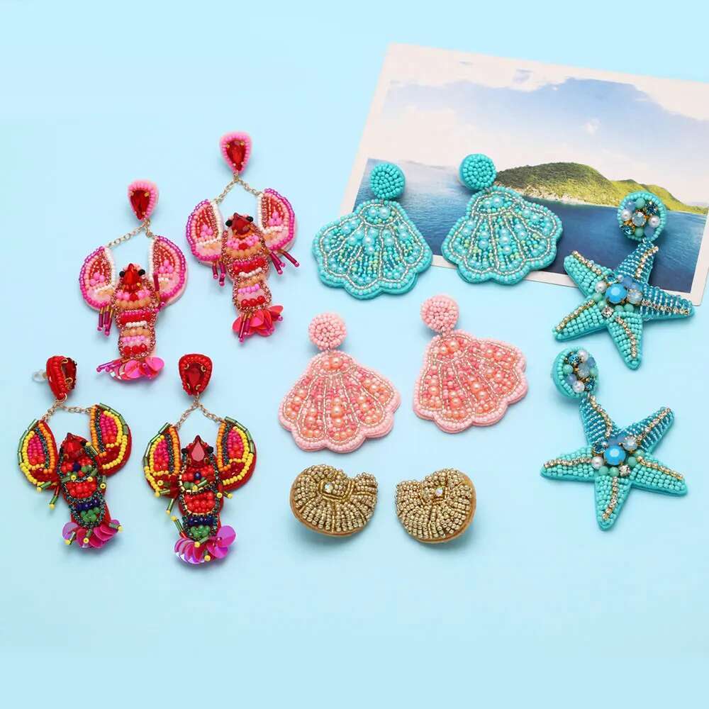 FLOLA Multicolor Lobster Raffia Beads Big Drop For Women Red Crystal Handmade Beaded Earrings Bohemian Jewelry Ersv63