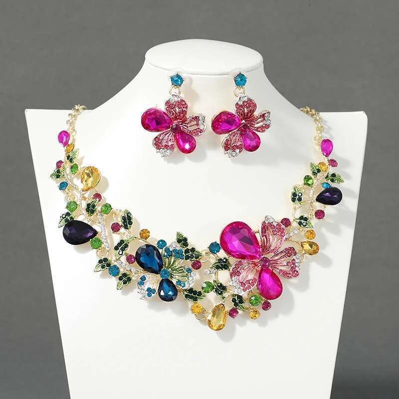 Itacazzo Bride Wedding Colorful Flower Necklace Earring Set Exquisite And Elegant Ladies Suitable For Party Festivals