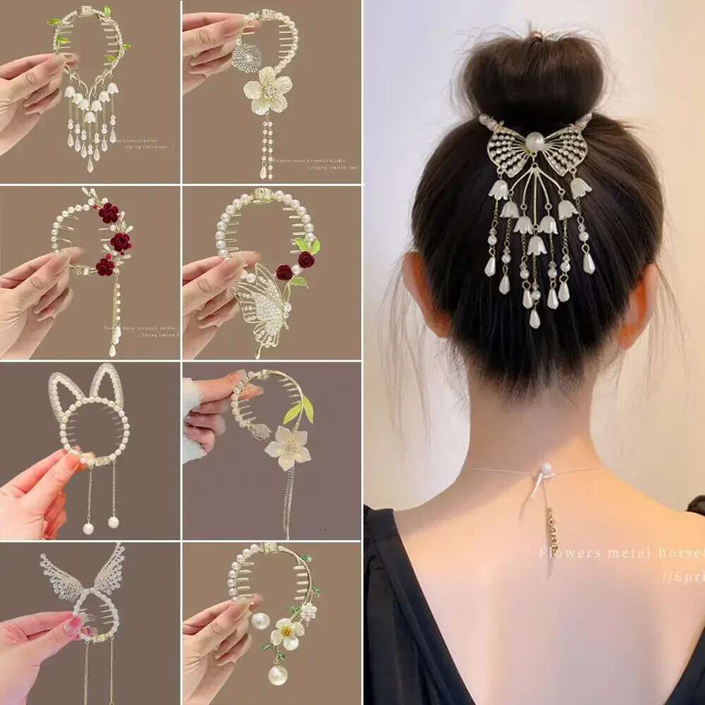 Flower Tassel Clip Women Ladies Butterfly Rhinestone Pearl Metal Claw Round Bun Ponytail Holder Hair Accessories