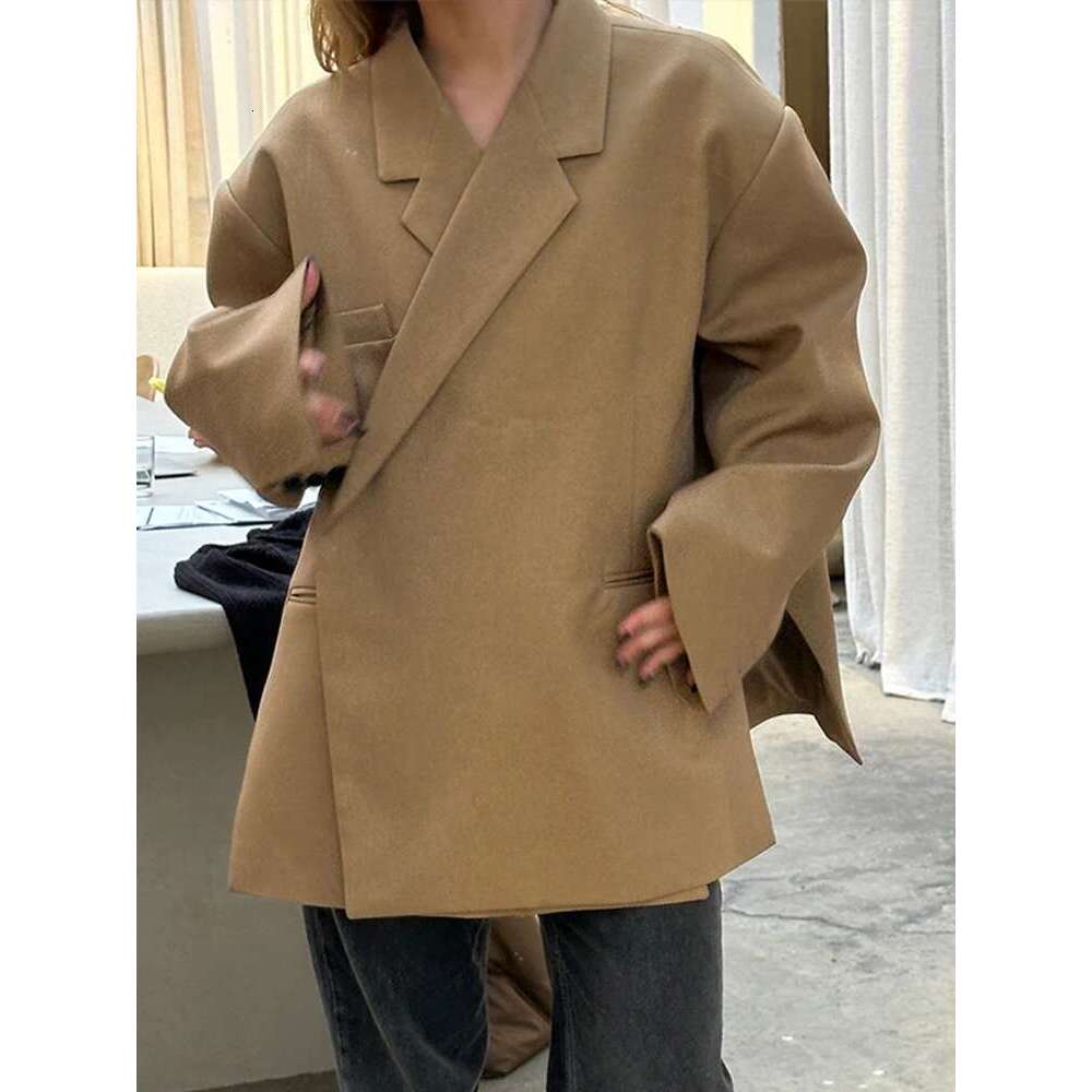 Oversized Solid Women Coat Long Sleeve Double Button Female Jacket 2025 Fashion Spring Notched Side Slit Shoulder Pads Lady Tops