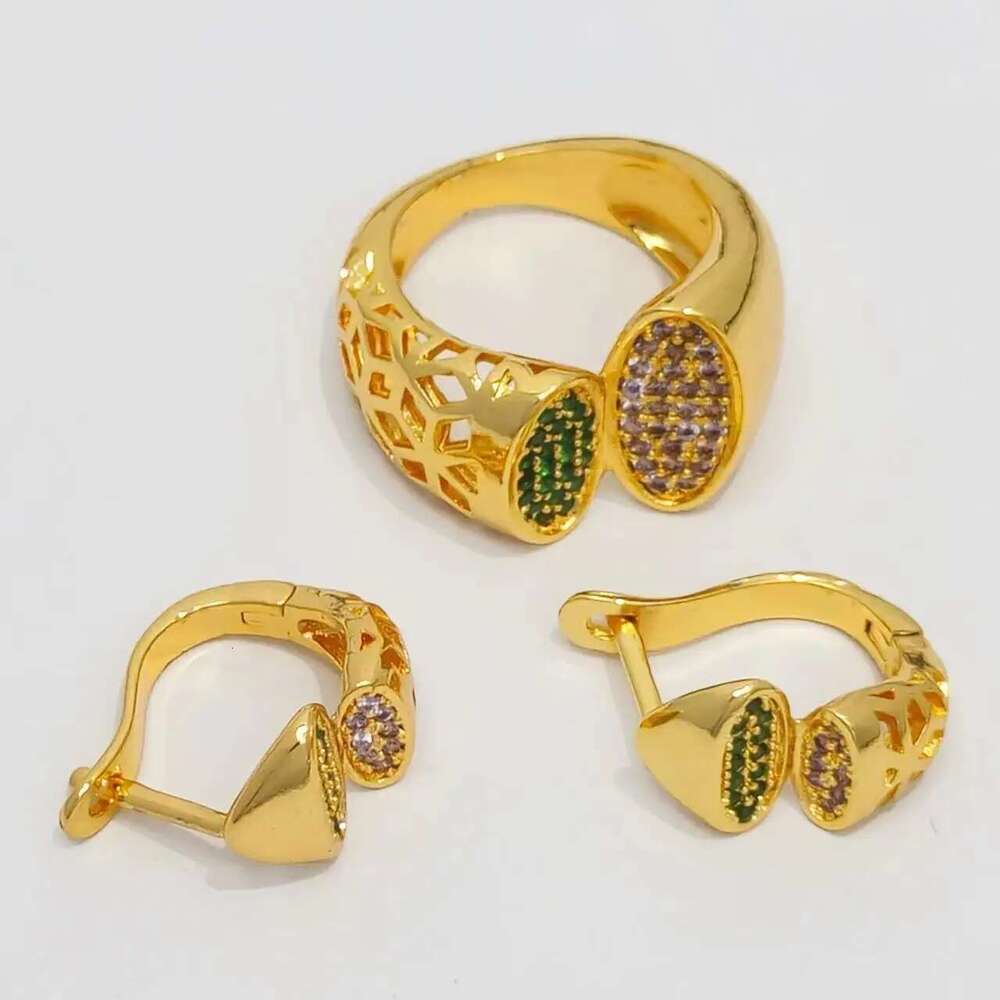 Dubai Gold Plated Open Bangles Earring Ring 3Pcs Set For Women African Arabic Wedding Jewelry Indian Gift