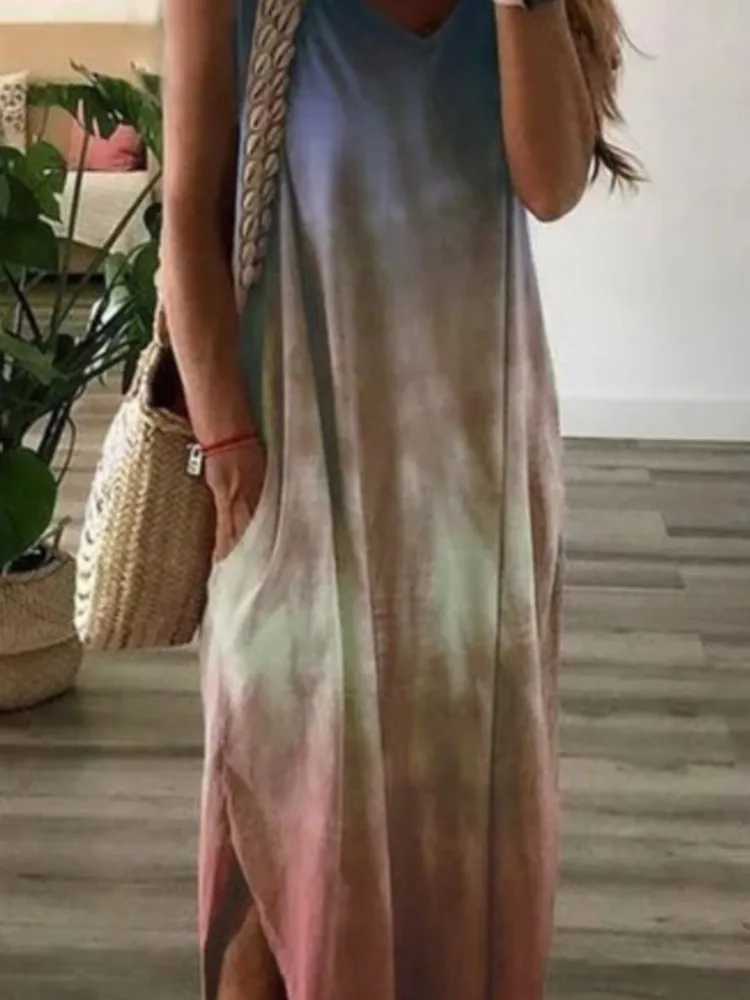 Gradient tie dye printed long sleeved womens fashionable casual V-neck loose seam vest womens summer A-line vest W250430