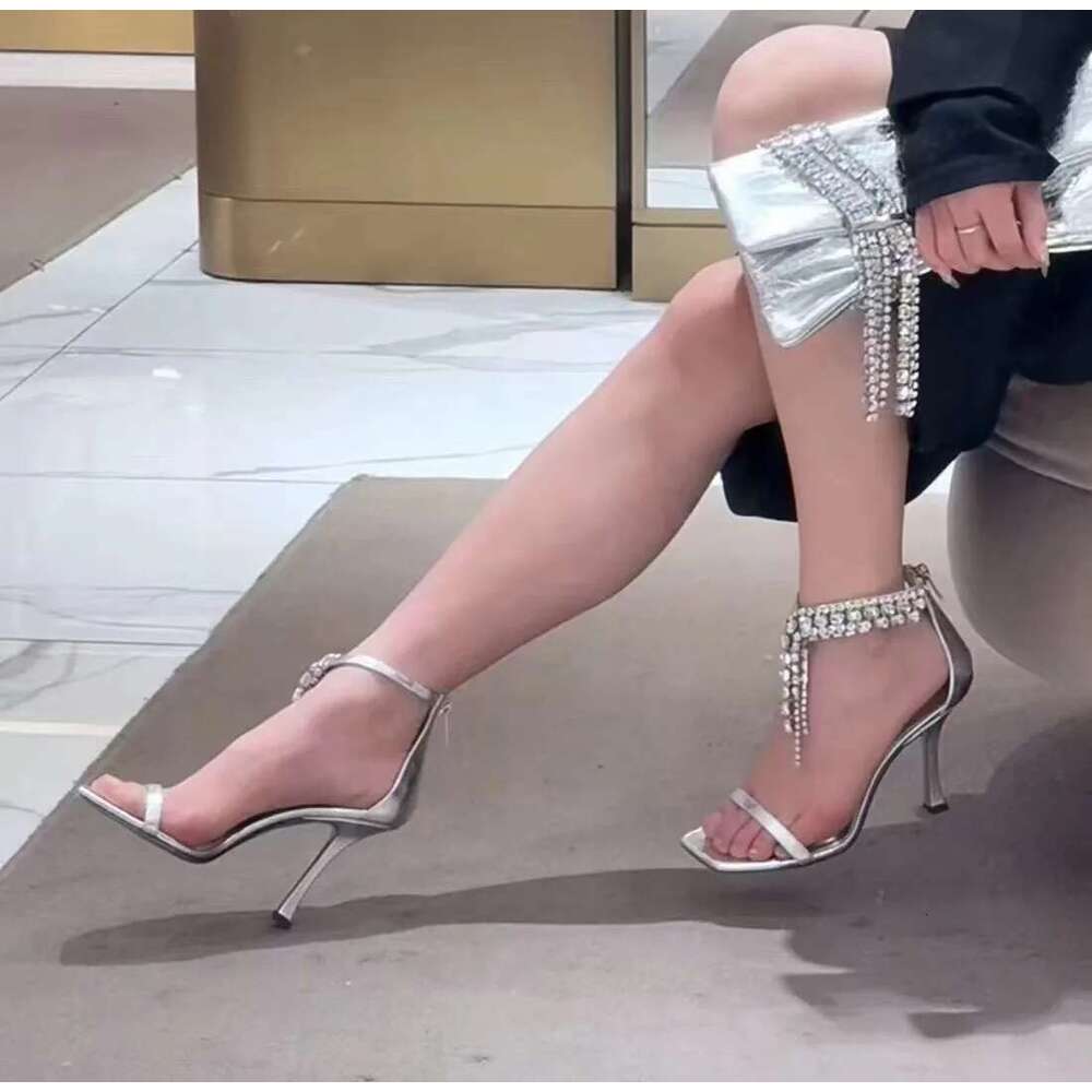 Brand Designer Rhinestone High Shiny Chain Sandals Elegant Buckled Stiletto Heels Pointed Open Toe Women Shoes