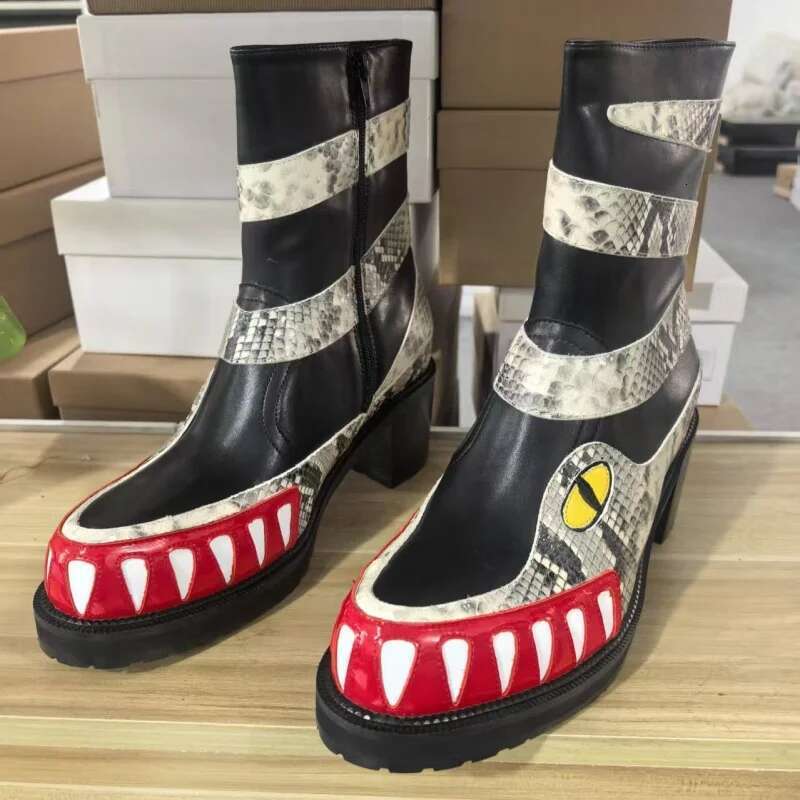 New brand Single Platform Thick Heel Shoes Teeth Print Ankle Men Street Round Casual Shoe Runway Catwalk Boots