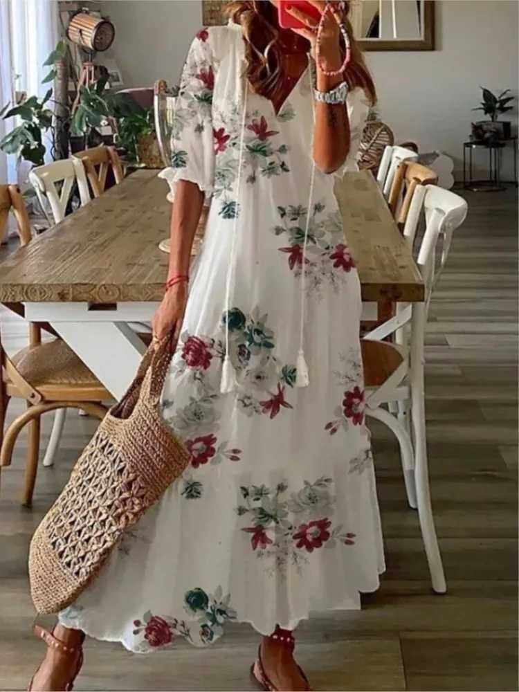 2024 Womens Retro Printed Bohemian Summer Fashion V-neck Half Sleeve Long Dress Womens Casual Holiday Beach Dress W250430