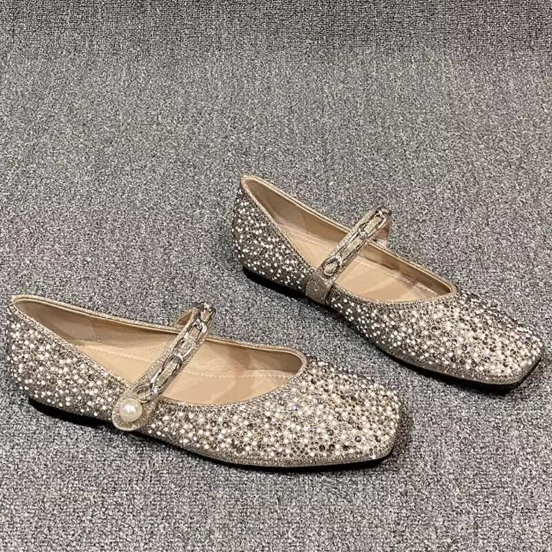 New Brand Women Rhinestone Flats Pearl Loafers Sparkling Sequined Shoes Strapless Buckle Sandals Casual Shoe