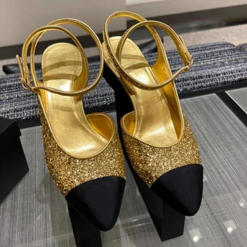 New colorblocking Sequined Sandals Sexy Low Heel Sandalias Delas Mujeres Women Pointed Toe High Heels Party Wedding Shoes Ladies