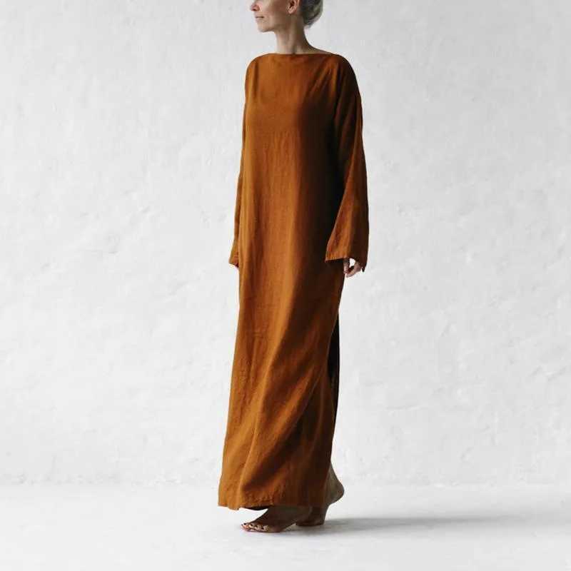 Womens 2025 Solid Color Simple Fashion Solid Color Cotton Linen Dress Long Sleeve One Line Tie Retro Long Dress W250430