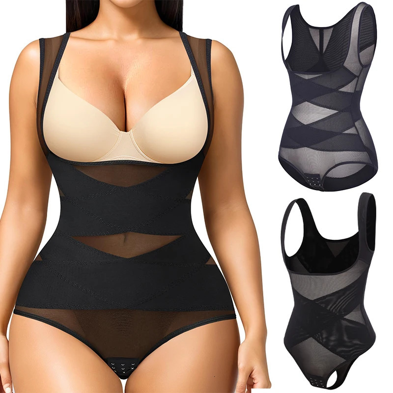 Mesh Shapewear Bodysuit for Women Tummy Control Waist Trainer Butt Lifter Panties Slimming Body Shaper Open Bust Underwear 250424