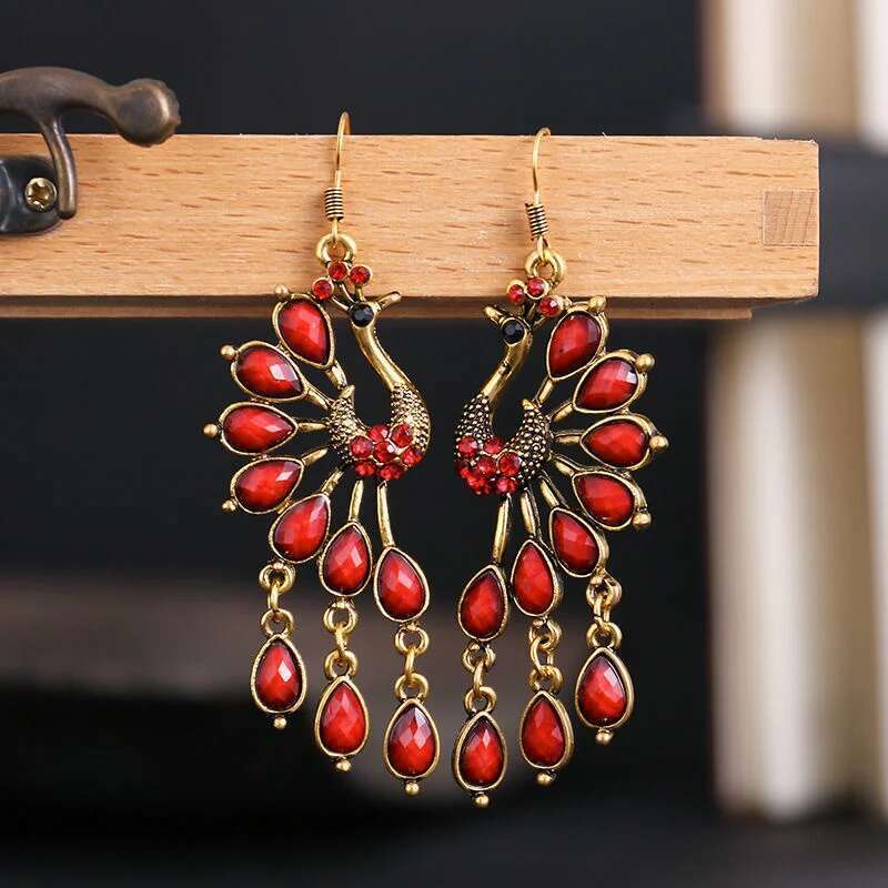 Vintage Bohemian Pea For Women Boho Antique Gold Color Multicolor Rhinestone Ethnic Resin Dangle Earrings