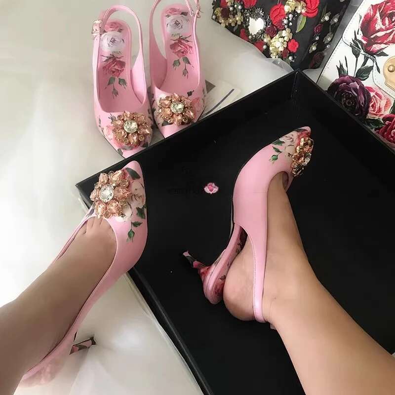 Fashion Slingback High Heels Hollow Pointed Rose Women Sparkling Crystal Sandals Wedding Dress Shoes