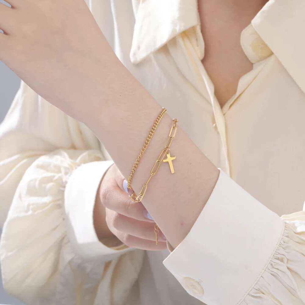 Women's Cross Pendant Bracelet Stainless Steel Double Layer Bracelets For Men Women Birthday Gifts