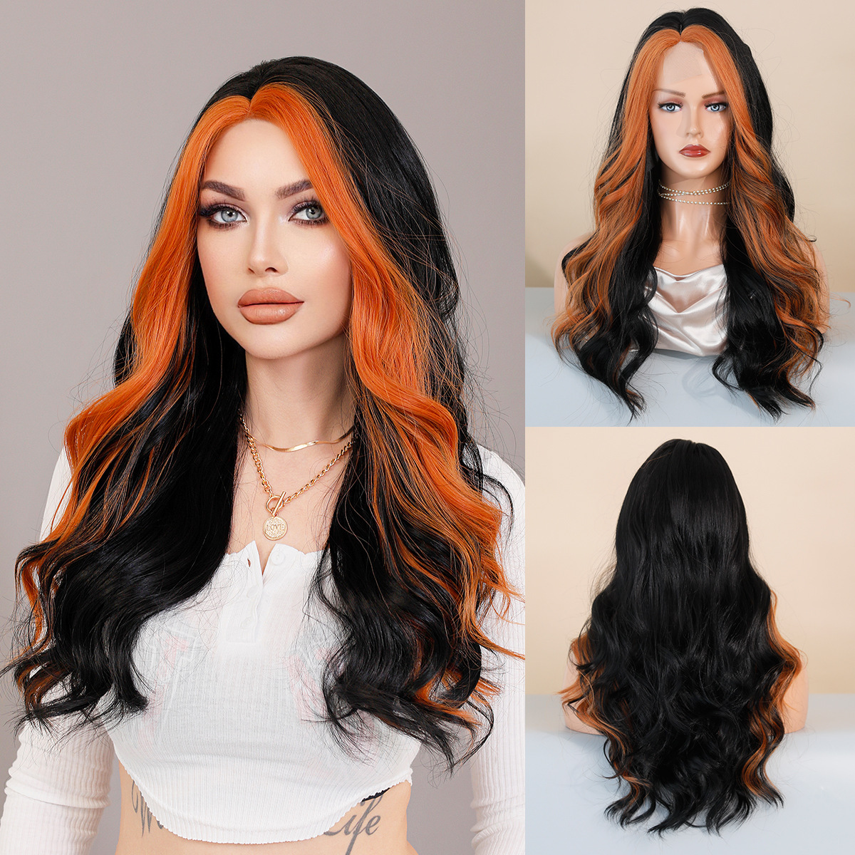 lace Small Asian dyed orange long curly hair with big waves split wig natural hair stitching wig womens full head cover