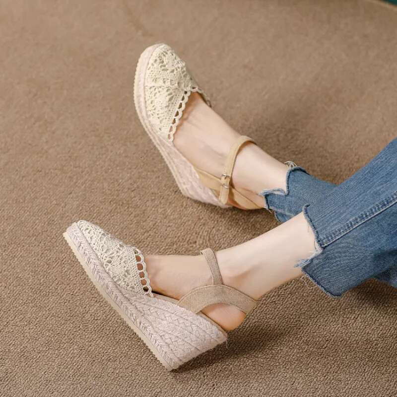 Fashion Designer Thick Sole Wedge Shoes Women Lace Breathable High Heels Canvas Buckle Sandals Gladiator Waterproof Platform Sh