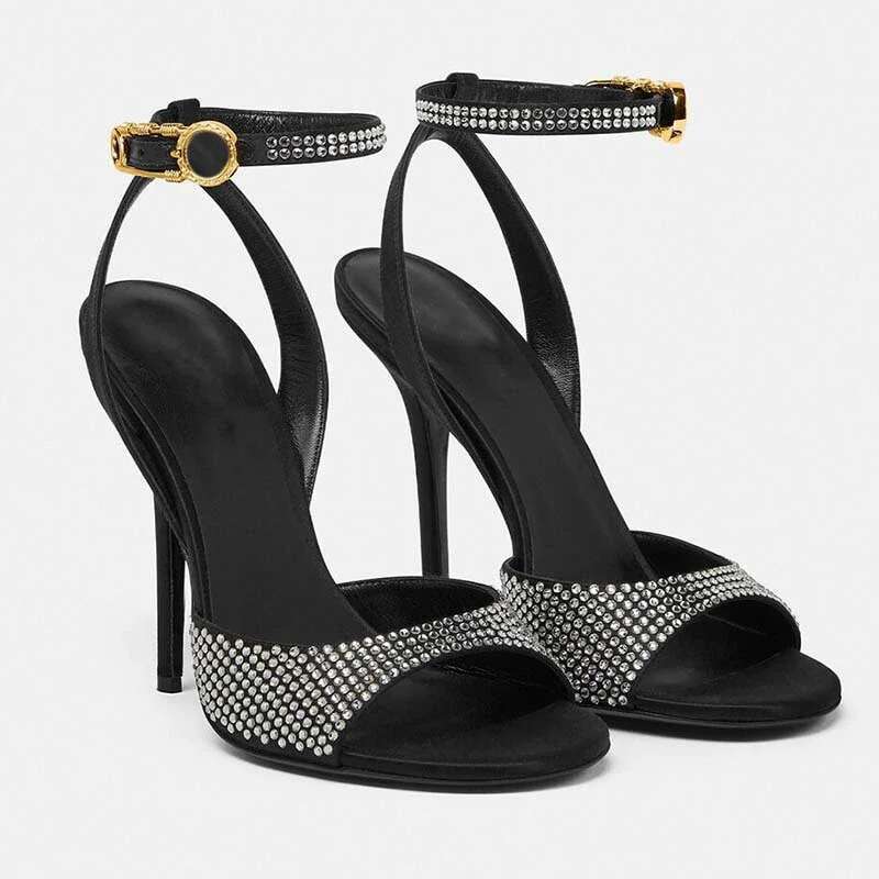 Summer new rhinestone buckle with open-toe sexy sandals thin high-heeled banquet dress customized large-size women's shoes