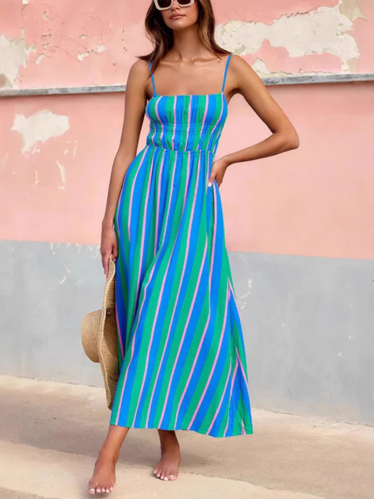 2025 Summer Fashion Womens Elegant Beach Vacation Dress with Strap Printing Stripe Casual Long A-line Dress 250428