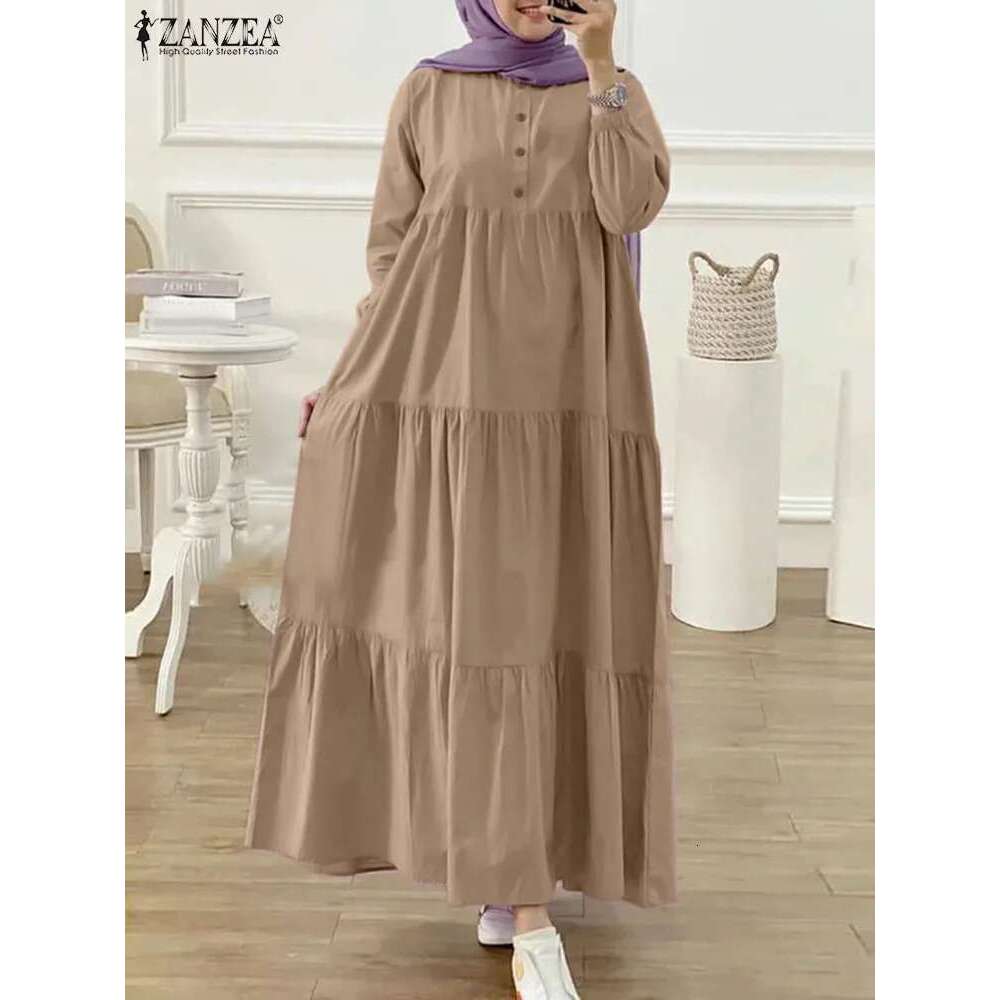 ZANZEA O Neck Casual Loose Maxi Dress Tiered Islamic Hijab Women Sleeve Long Vestidos Muslim Fashion Autumn Abaya Robes