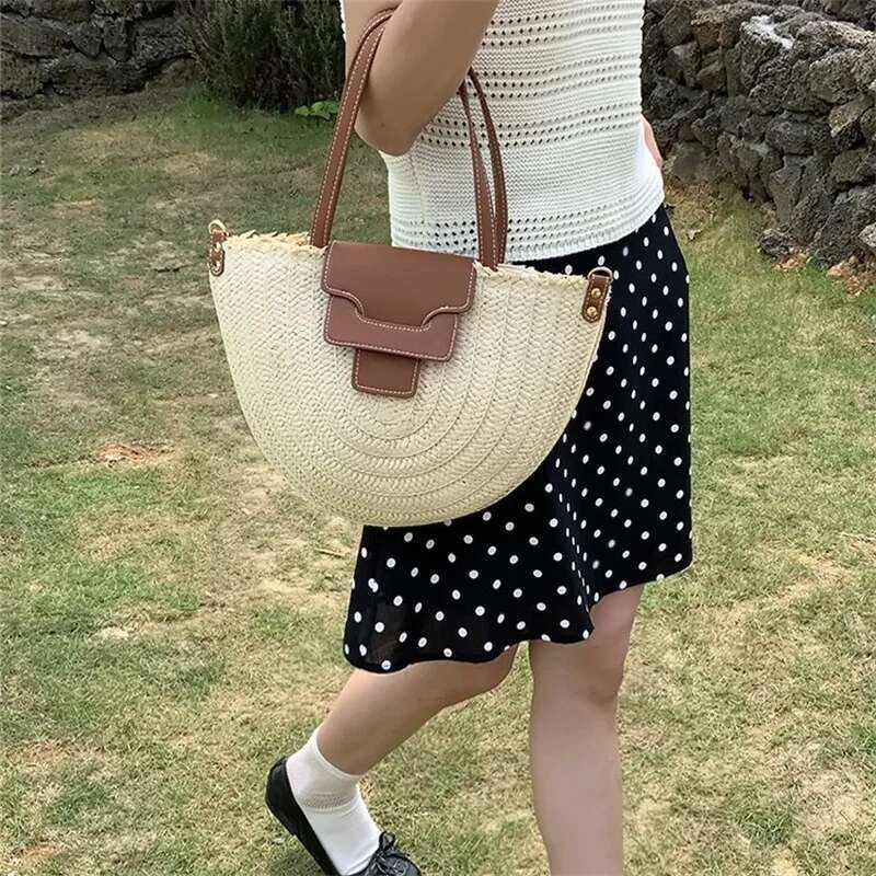 Round Straw Tote Women Fashion Woven Retro Hobo Boho Style Casual Shoulder Bags Summer Beach Bag Sac A Main Bag