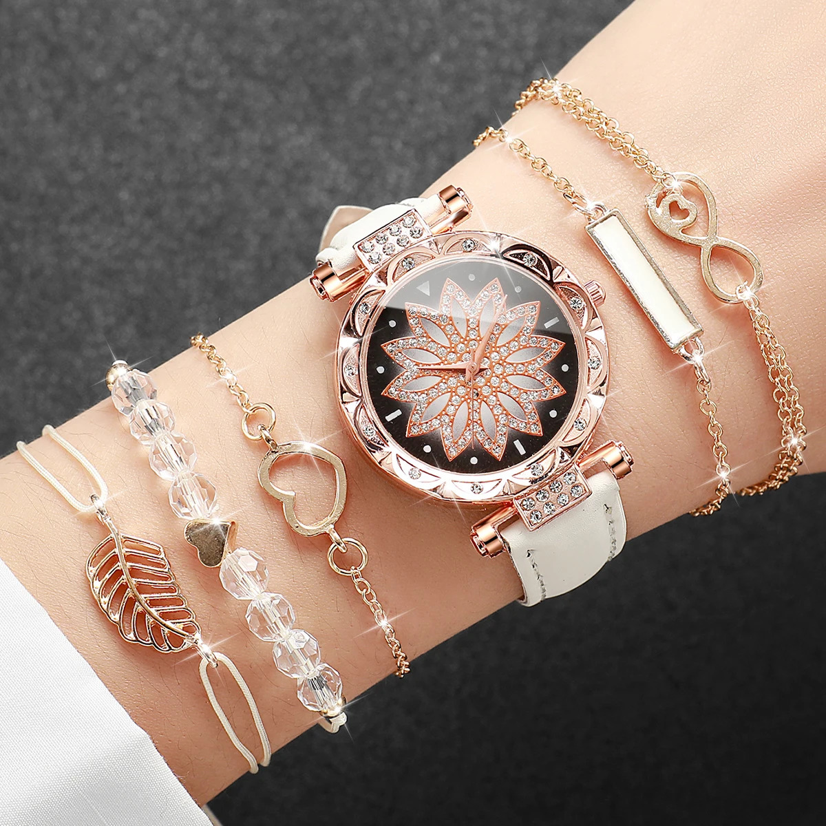 6-piece/set womens fashionable rhinestone flower dial quartz watch bracelet set frameless 250425
