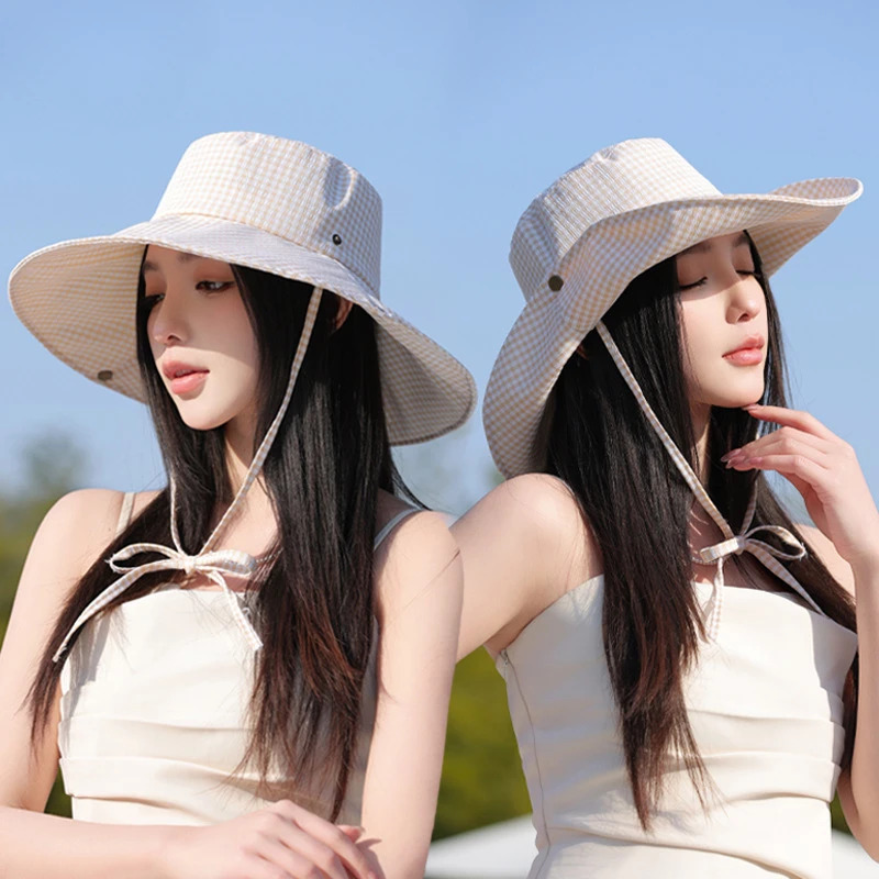 Womens bucket hat plain wide Brim sun hat with windproof rope sun hat bicycle travel fisherman hat South Korea 250430
