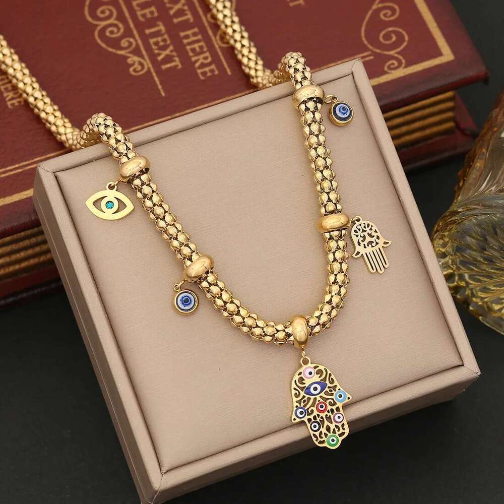 316L Stainless Steel New Fashion Fine Jewelry Colourful Eyes Palms Charm Hollow Thick Chain Necklace Bracelet Earrings For Women