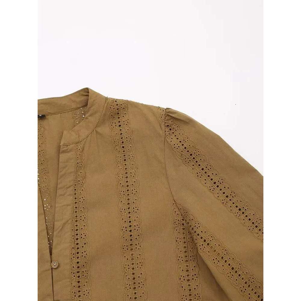 autumn new fashion women's clothing temperament embroidered cotton long-sleeved lapel casual shirt