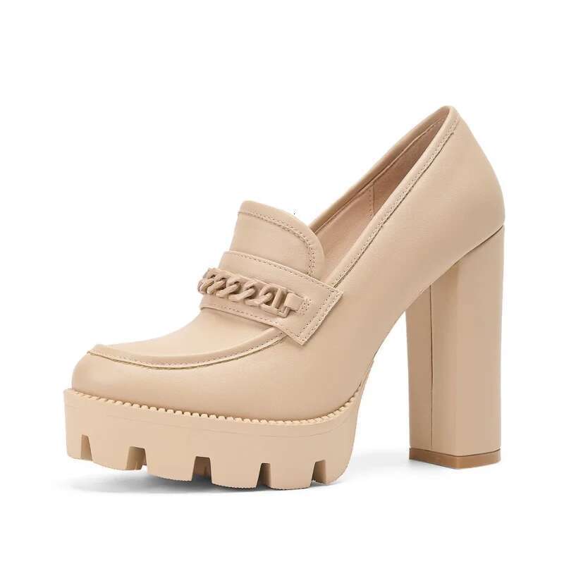 Metal Chain Single Fashionable Chunky Heel Casual Round Toe High Heels Platform Thick Soled Shoes Women