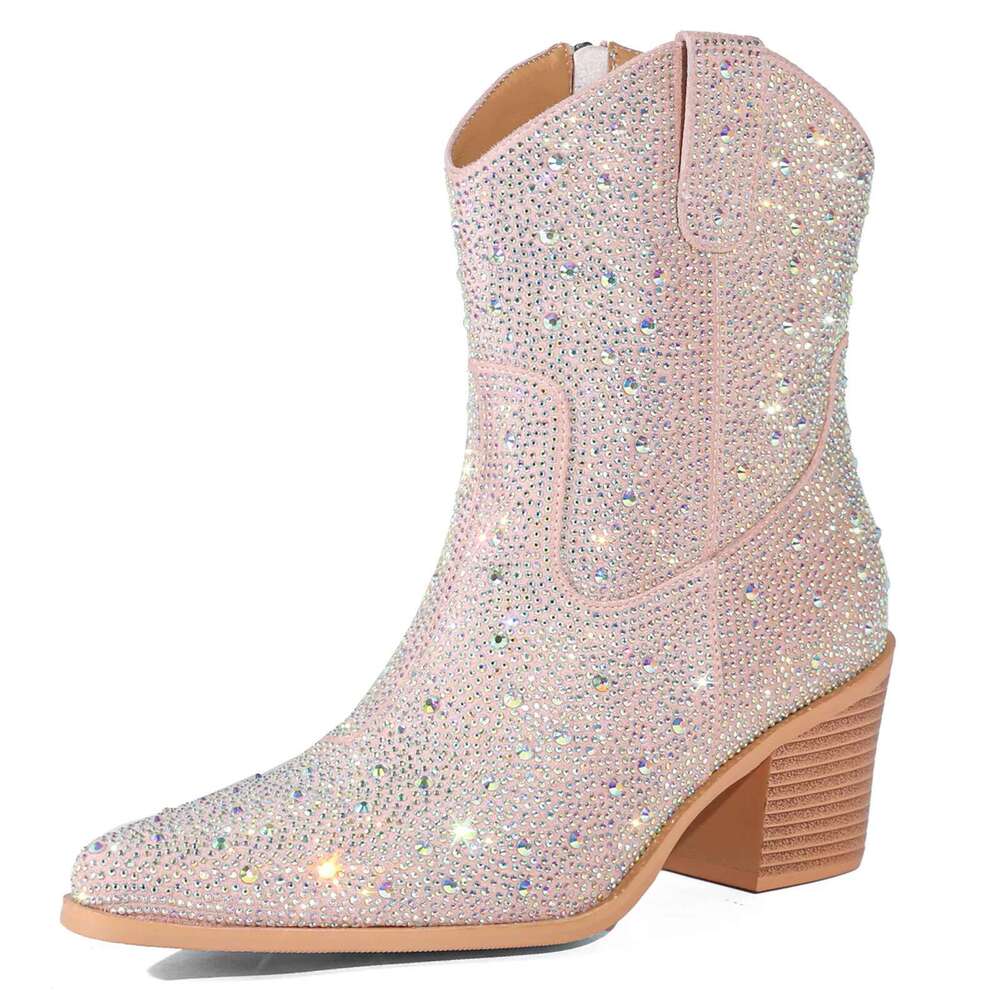 Spring Autumn Fashion Rhinestone Chunky Heel Pointed Toe Comfortable Shoes Women Ankle Boots Shiny