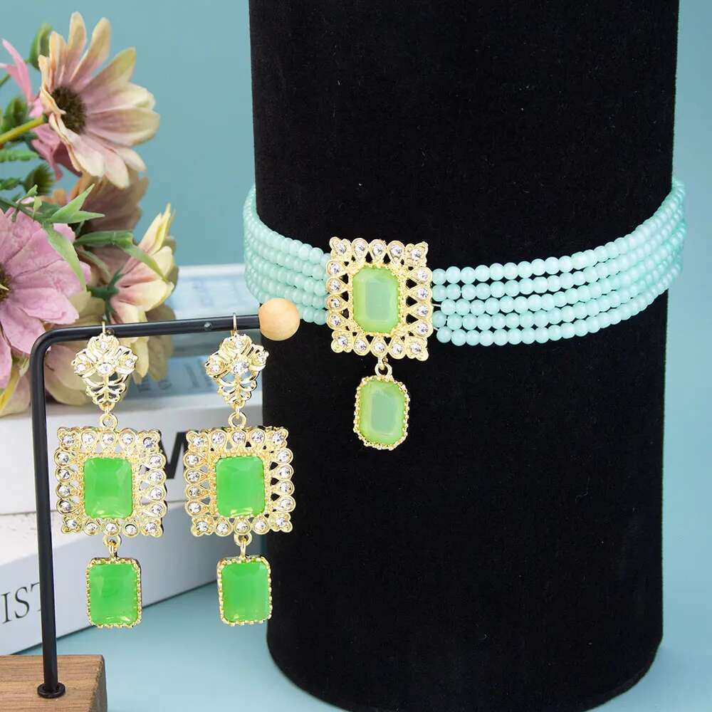 Neovisson Morocco Elegent Bridal Jewelry Sets Gold Color Beads Chain Necklace Square Crystal Drop Earring High Quality Gift