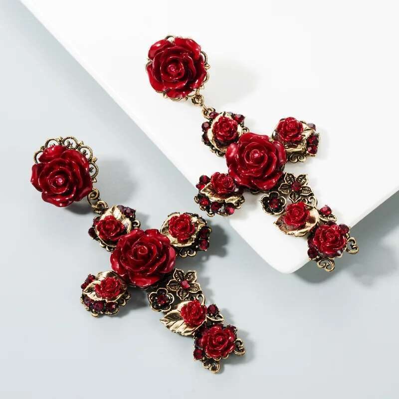 KMVEXO Baroque Vintage Gold Color Cross For Women Girls Enamel Rose Flowers Earrings Brincos Statement Jewelry 2022