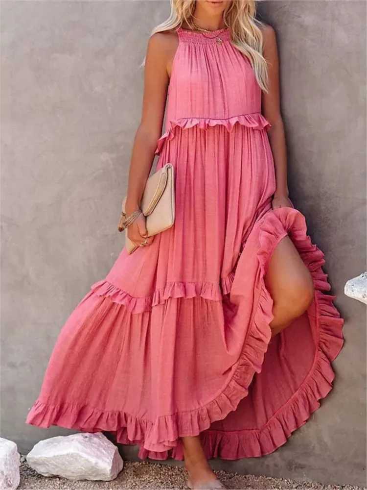 Womens Spring/Summer New Collection Solid Color Vacation Style Fashion Ruffle Long Leather Display Beach Skiing W250430