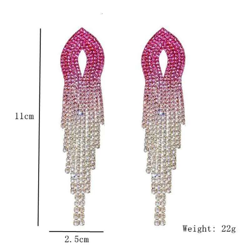 Shiny Rainbow Color Crystal For Women Long Tassel Pink Rhinestone Dangle Earrings Ladies Bride Weddings Jewelry