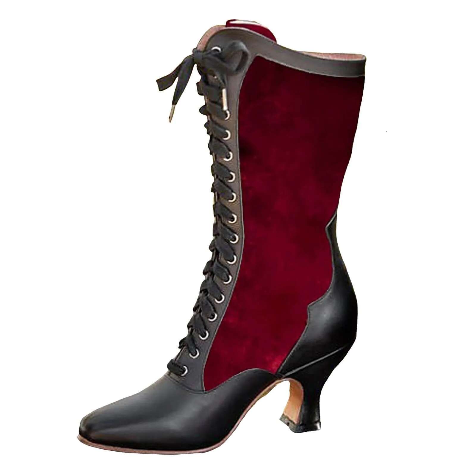 Vintage Block Heel Long Green Lace Up Women's Fashion Cute Cat Motif For Autumn Mid Calf Winter Boots